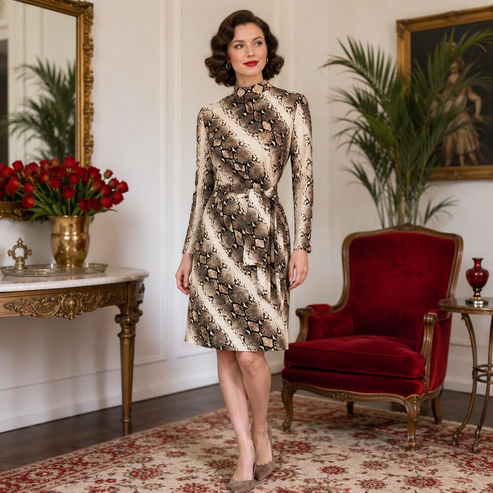 70s Vintage R&K Original Snake Print Shift Dress Belted Serpentine Knit - M
